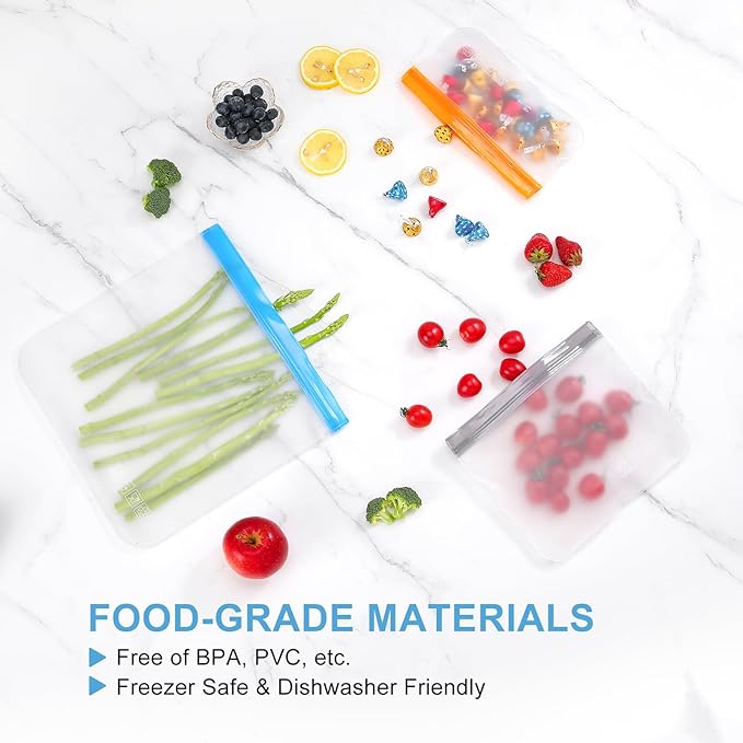 Lerine 9 Pack Reusable Sandwich Bags Dishwasher Safe, Reusable Quart Bags Extra Thick Leak-proof Freezer Bags for Marinate Meats, Cereal, Sandwich, Travel Items, Home Organization (Gray, 9Sandwich)
