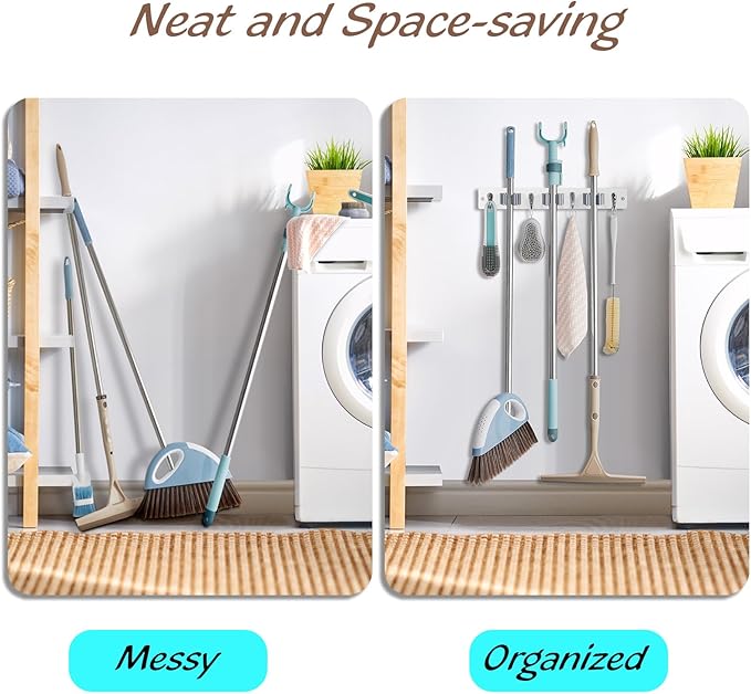White Mop Broom Holder Wall Mount with 3 Slots & 4 Hooks - Wood Broom Mop Hanger for Pantry Kitchen Organization - Garden Tool Organizer for Closet Laundry Room