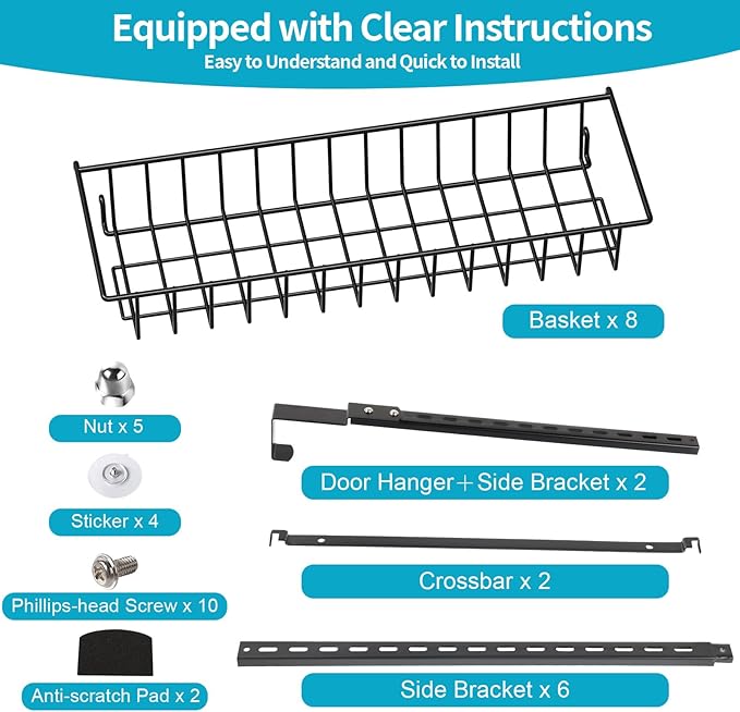 8-Tier Pantry Door Oragnizer, Over The Door Pantry Organizer Rack and Storage, Hanging Spice Rack Shelves Door, Home Office Laundry Room Bathroom & Kitchen Organization Essentials Metal