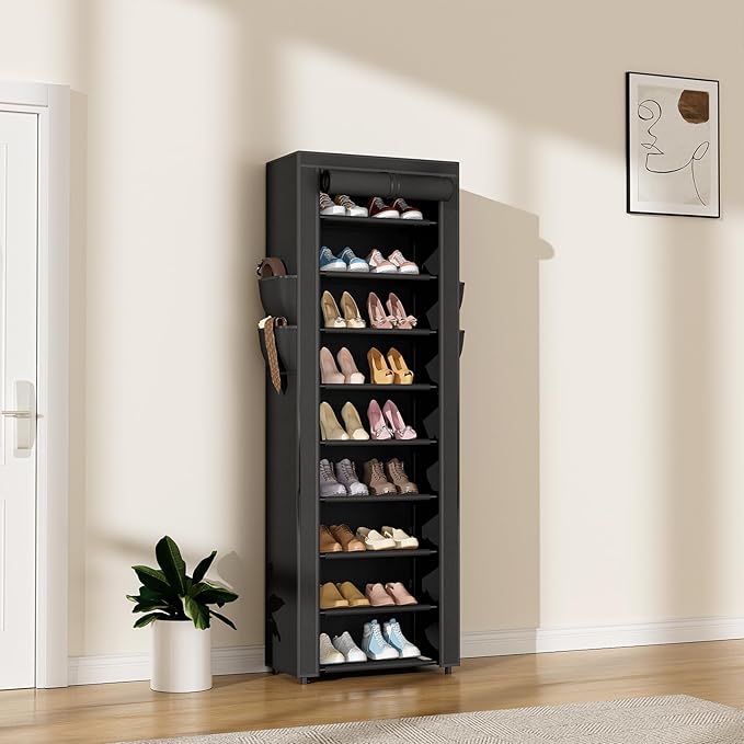 Narrow Shoe Rack with Cover 10 Tier Tall Shoe Rack Organizer Large Capacity Shoe Shelf Storage 18-22 Pairs Space Saving Free Standing Shoe Storage Organizer for Closet, Entryway, Dorm, Black
