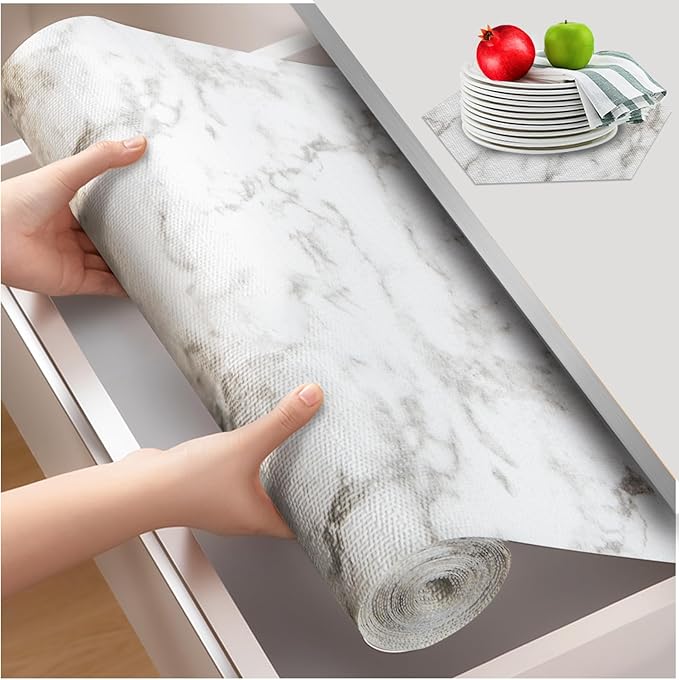 Beautysaid Shelf and Drawer Liner for Kitchen Cabinet, Non Adhesive Non Slip Shelf Paper Waterproof Washable Thickened for Dresser Pantry Shelve Bathroom Protector Liner(Marble,18 in x 30 FT)