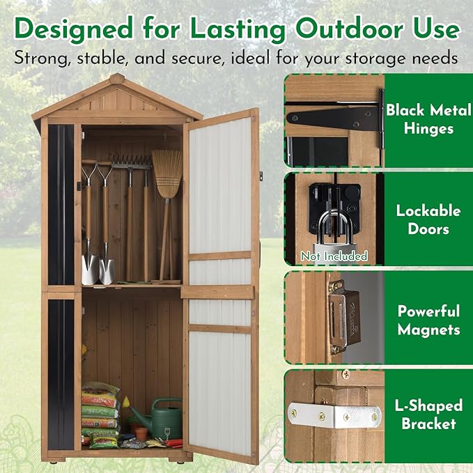 Outdoor Storage Cabinet 70 Inch, Wooden Vertical Garden Tool Storage Shed with Adjustable Shelves, Waterproof Roof, Lockable Doors, Small Backyard Utility Cabinet for Patio Garage