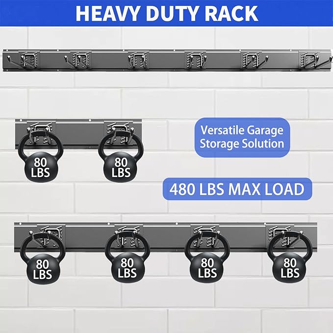 Garage Tool Organizer Wall Mount, 48inch Heavy Duty Garden Tool organizer Storage System, Easy Install With 6 Adjustable Straight Hooks, For Garage, Basement, Shed, Workshop(Black)