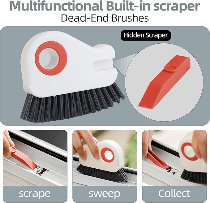 2 in 1 Groove Cleaning Brush, Grout Cleaner Tool & Multifunction Window Track Cleaner (with Hidden Scraper or Mini Dustpan) – for Glass Door Tracks, Window Sills, Sliding Doors (Orange + Grey)