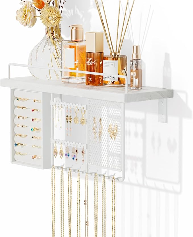 Lolalet Wall Mounted Hanging Jewelry Organizer with Wood Shelf, Wall Jewelry Holder with Hooks for Ring Earring Bracelets Necklaces Display -White