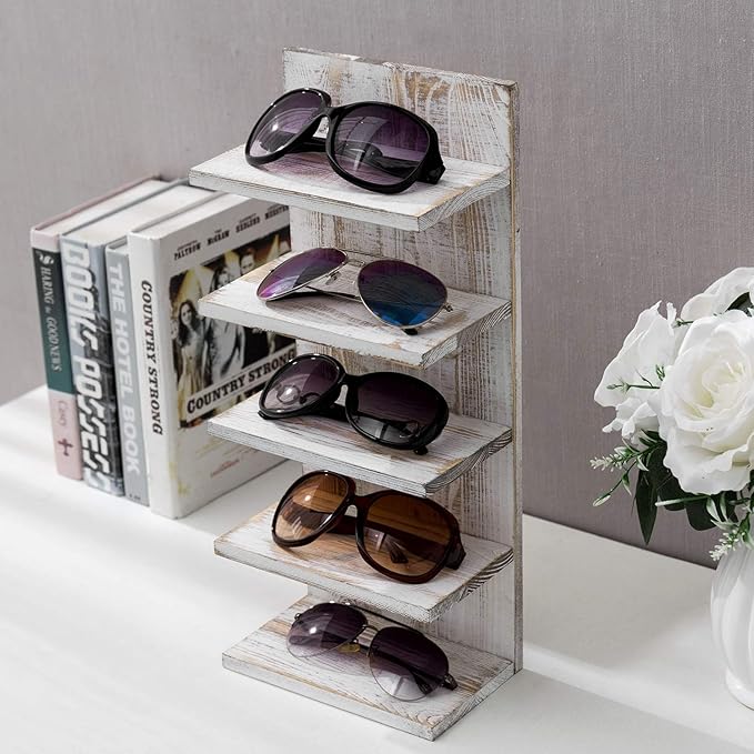 MyGift 5-Tier Vintage Whitewashed Wood Sunglasses Holder for Home Wall Organizer and Retail Display Case