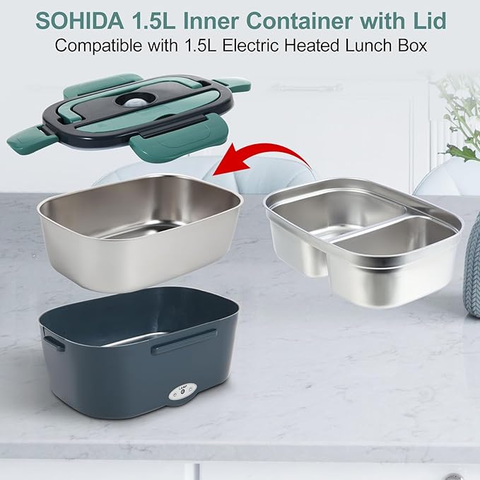 1.5L Stainless Steel Inner Container with Lid – Dual Compartment, Removable, Dishwasher Safe, Compatible with 1.5L Electric Heated Lunch Box, Easy to Clean