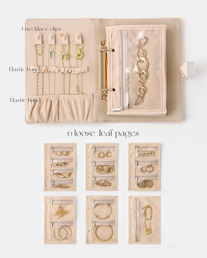 CASEGRACE Travel Jewelry Organizer Case,Portable Jewelry Storage Book Ring Binder with 6 Clear Zipper Velvet Jewelry Pouch for Earrings, Rings, Necklaces Ideal Gift for Women (Beige White)