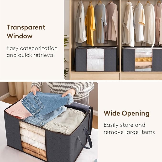 Lifewit 3 Pack 90L Clothes Storage Bins with Lids, Foldable Blanket Storage Bags with Zippers, Clear Window and Reinforced Handles, Closet and Organization for Clothing, Sweater, Comforter, Bedding
