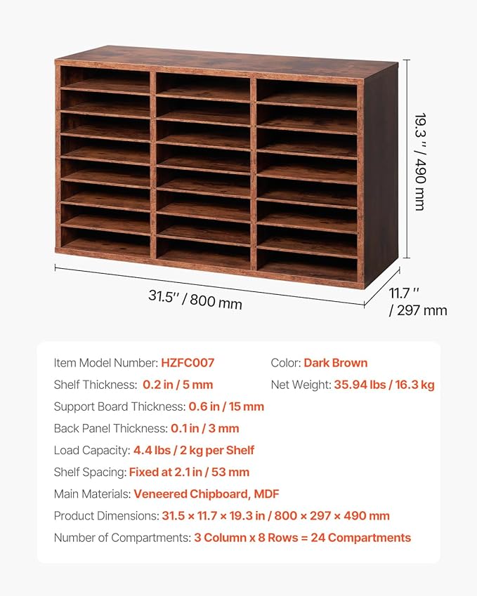 VEVOR Literature Organizer, 24 Compartments Office Mailbox with Removable Shelves, Wooden Mailbox Sorter Particle Board Office Home Classroom Storage, File Sorter for Documents, Papers, Dark Brown