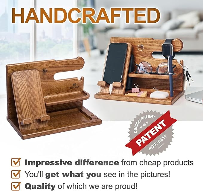 TESLYAR Wood Phone Docking Station for Men - Desk or Nightstand Organizer - Birthday Gifts for Husband or Dad - Anniversary Idea from Wife - Key Holder, Stand Wallet, Watch & Essentials (Earth Beige)