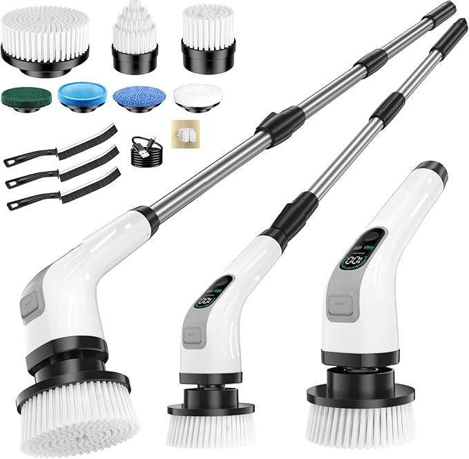 Electric Spin Scrubber, IPX7 Waterproof Power Shower Scrubber with Extension Handle, 7 Replaceable Brush Heads & 3 Hard Bristle Crevice Cleaning Brushes Cleaning Supplies for Bathroom Tub Tile Floor
