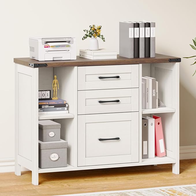 3 Drawer File Cabinet, Farmhouse Lateral Filing Cabinet Fits File Letter or A4 Size, Wooden Printer Stand with Open Storage Adjustable Shelf for Home Office, White