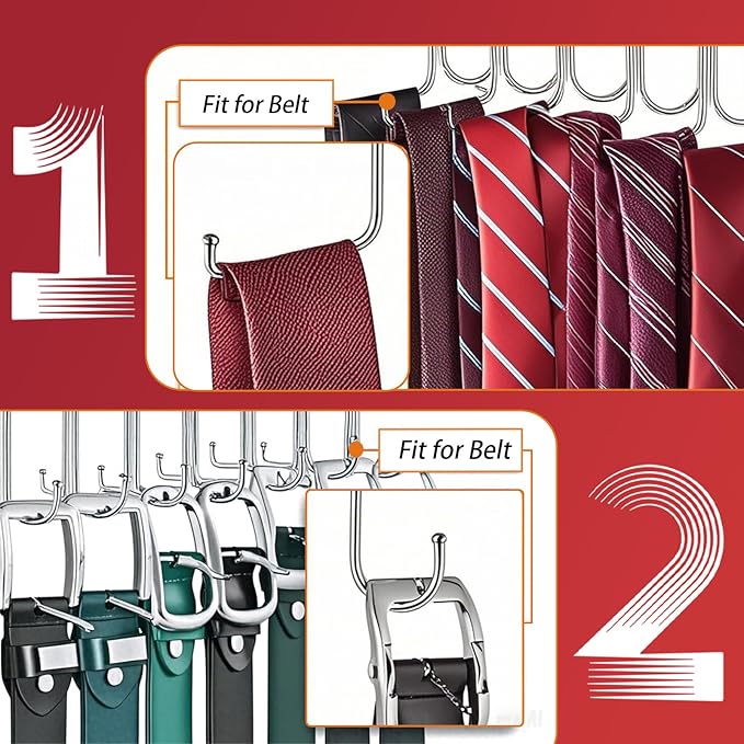 2 Pack 2 in 1 Belt Tie Hanger for Closet Max 60 Belts with 60 Ties Capacity, 40 Hooks Belt Tie Racks Wooden Hanger for Closet Organizer Storage “U” Fit Belt and “一” Fit Tie