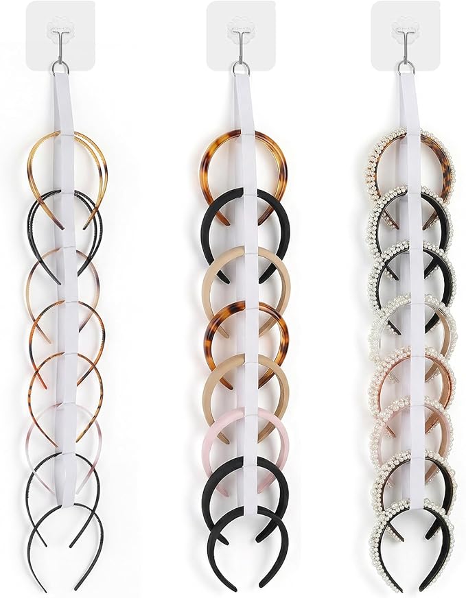 3Pcs Headband Holder Organizer for Girl, Over-The-Door Vertical Hanging Hairband Storage for Women, Wall Hanging White Hair Hoop Display Hair Accessories Organizer for Closet, Dorm, Bedroom Decor