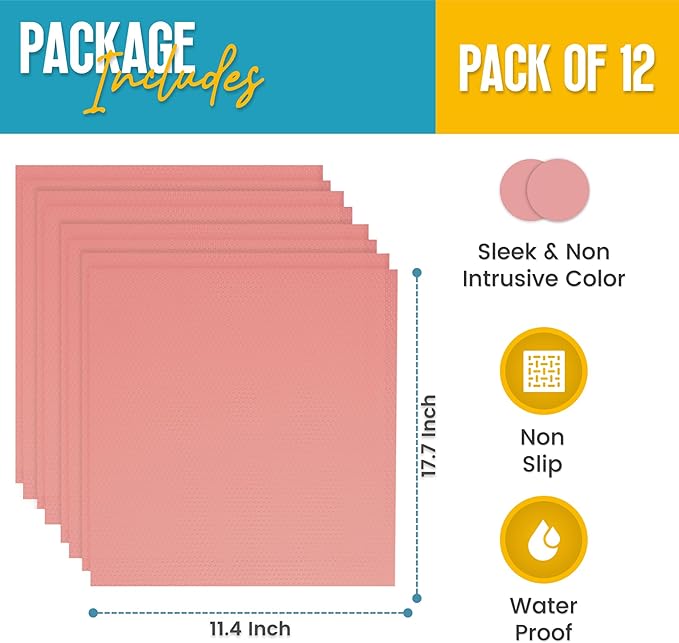 Refrigerator Liners for Shelves (12 Pack) by Linda’s Essentials - Non-Adhesive Shelf or Drawer Liner, BPA-Free Fridge Mats for Kitchen & Cabinets, Easy to Clean, Ideal Household Essentials (Pink)