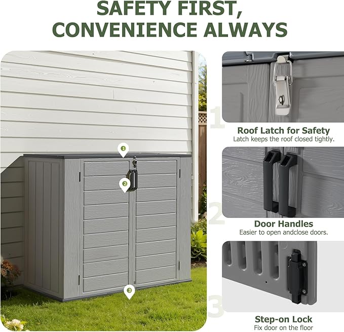 Aoxun Outdoor Storage Cabinet, 41 Cu Ft Waterproof Portable Horizontal Resin Shed Outdoor Storage for Garbage Bin, Generators & Yard Gear (Grey)