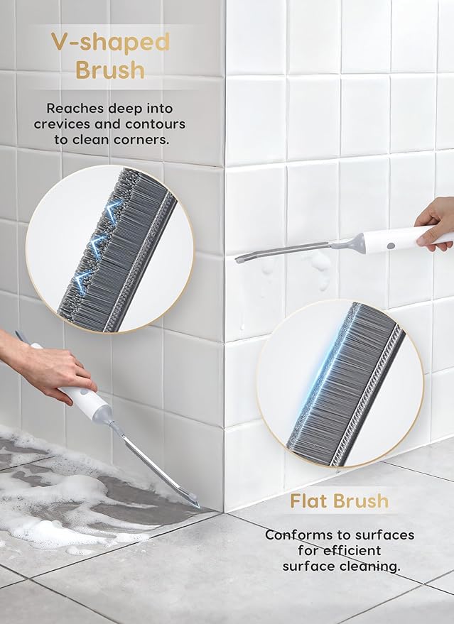 3-in-1 Reciprocating Deep-Clean Brush - Hard, V-Shaped & Soft Silicone Brush Heads for All Surfaces, 3-Speed with LED Light for Grout, Delicate Glass, Kitchen, Bathroom, Car & Pet Areas