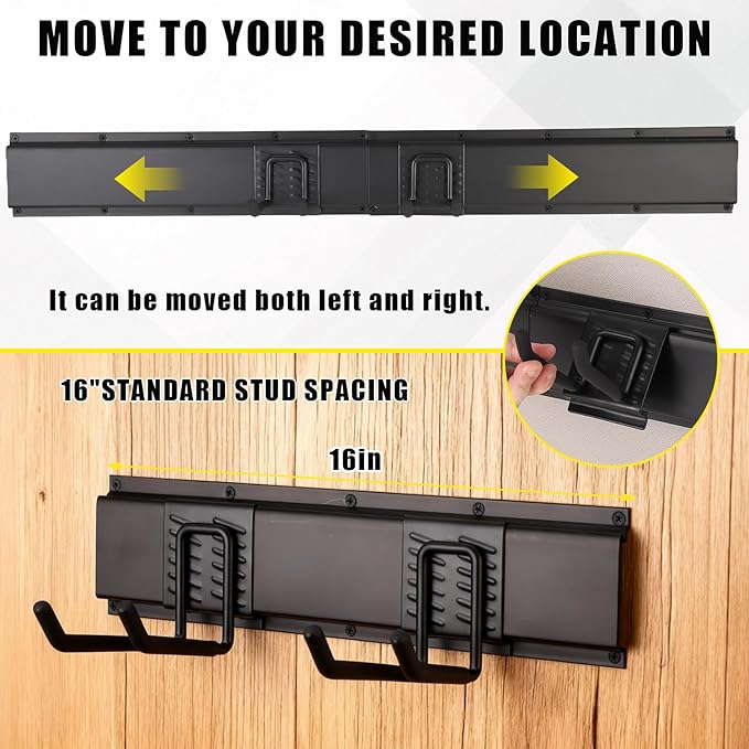 48" Garage Tool Organizer Wall Mount, Heavy-Duty Garden Tool Storage Organization System with 8 Adjustable Hooks & 2 Straps for Garage Basement Yard Shed (13 Pcs) Black