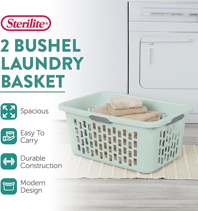 Sterilite Laundry Basket, Plastic Clothes Hamper, Large Rectangle Bin with Comfort Grip Handles and Reinforced Rim, 2 Bushel Capacity, Mint, 24 Pack