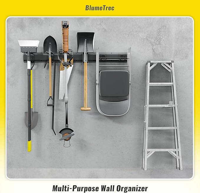 Garage Tool Organizer Wall Mount, 96" Heavy-Duty Metal Wall Organizer, 6 Rails with 12 Adjustable Hooks, Garden Storage Rack for Organization, Sturdy Tool Hanging Holder for Shovel Shed Yard