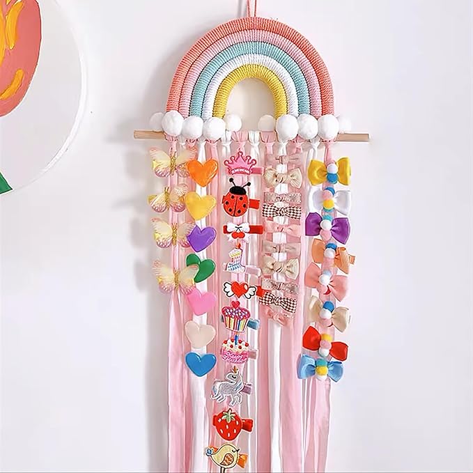 Rainbow Macrame Bow Holder Hanging Hair Bow Organizer for Girls, Hair Clip Holder Hair Clips Headband Storage Hanger Boho Wall Decor