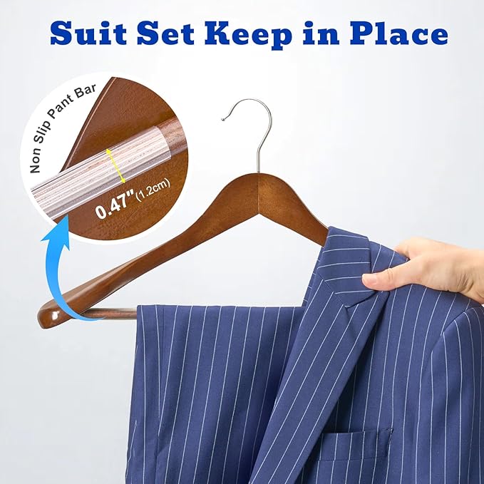 HOUSE DAY Wood Suit Hangers for Men, Smooth Wide Shoulder Wooden Hanger with Non Slip Pant Holder, Wide Hangers for Suits, Coats, Jackets, Heavy Wide Clothes Hanger 2 Pack, Walnut