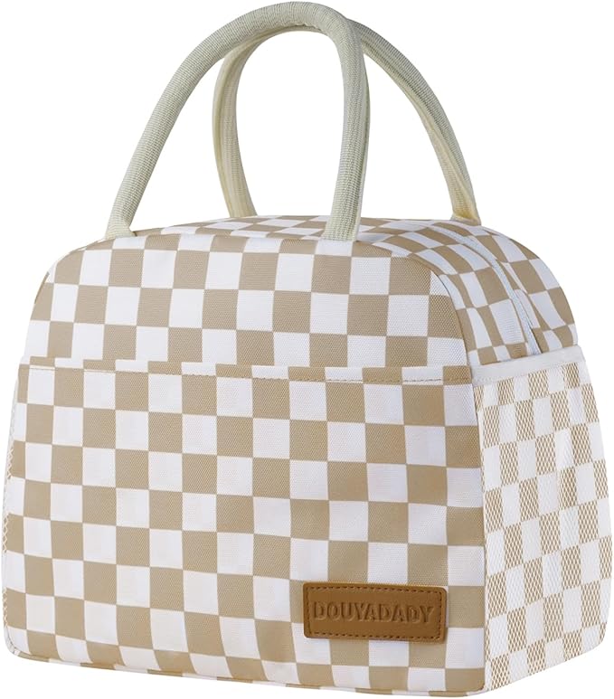 Lunch Bag Women/Men Lunch Box Women/Men (Khaki+White Checkerboard)