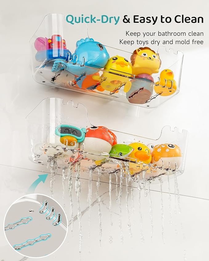 Bath Toy Storage Organizer 2+2 Pack, Transparent Bath Toy Holder with Drain Holes, Durable Plastic Bathtub Toy Storage for Bathroom, Quick-Dry Drainable Shower Caddy, Easy to Clean (Clear 2+2 Pack)