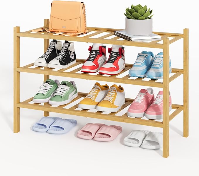 Kitsure Bamboo Wooden Shoe Rack for Closet - Stackable Shoe Organizer with Modular Structure, Space-Saving Shoe Shelf for Entryway, Living Room, Bedroom, 26.8" x 11" x 18.9", Natural
