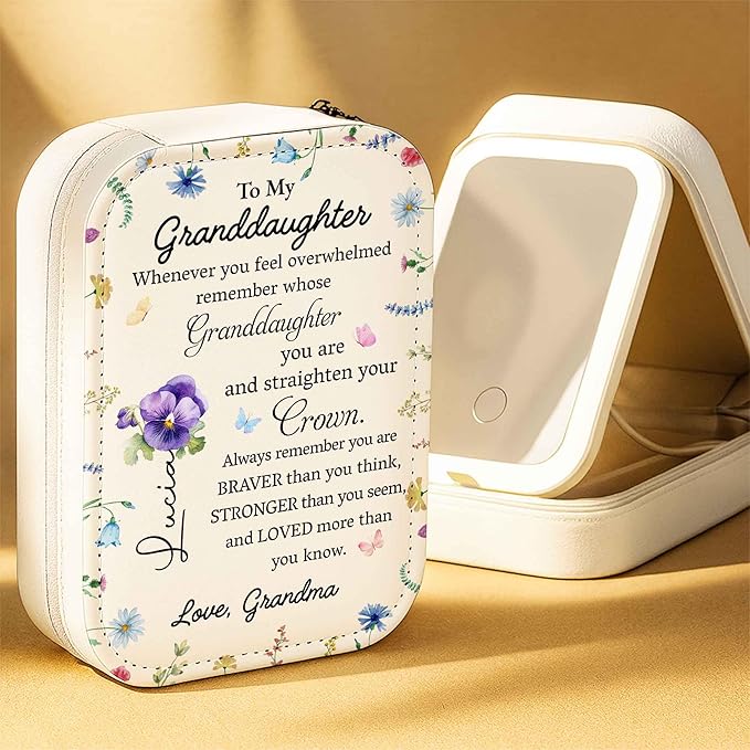 To My Granddaughter, Flowers And Crown, Personalized Custom Jewelry Box With LED Mirror, Gift For Granddaughters, Straighten Your Crown Jewelry Organizer, Appreciation Gifts for Granddaughter