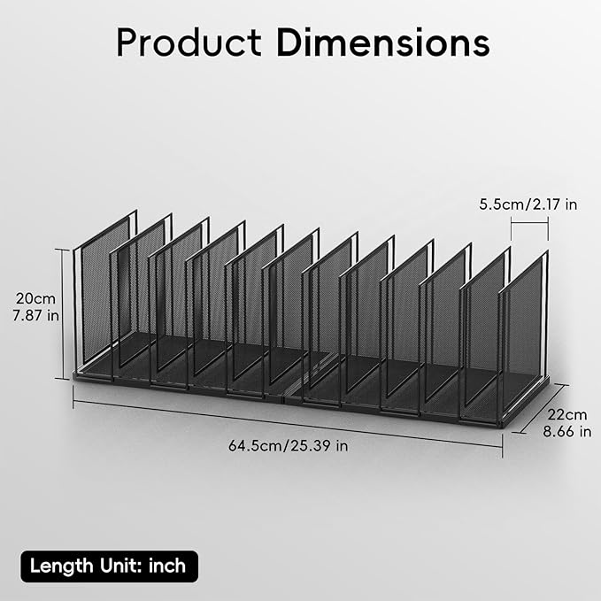 File Organizer for Desk, 11-Section Vertical File Sorter, Paper Holder Organizer Standing Metal File Folder for Office Home Classroom, Black