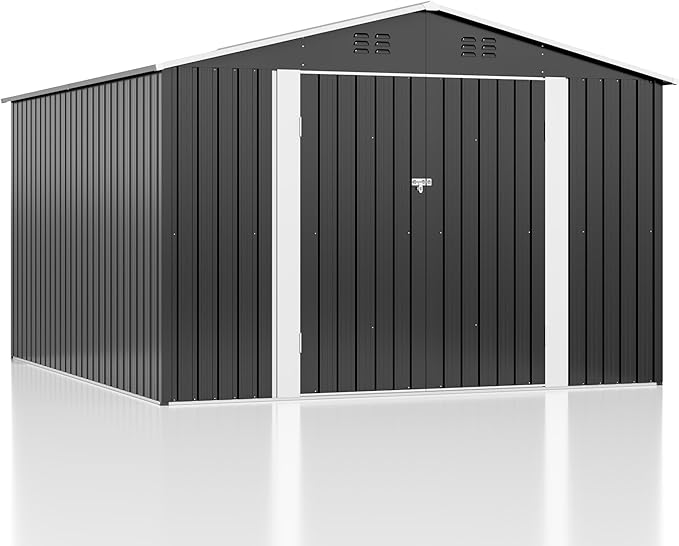 10x10 FT Storage Shed, Garden Shed with Updated Frame Structure and Lockable Doors, Metal Tool Sheds for Backyard Garden Patio Lawn, Grey