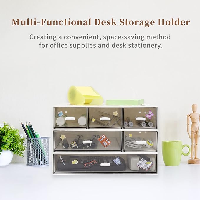 3 Tier Stackable Desk Organizer With 6 Drawers - Plastic Storage for Makeup and Desktop Organization (White)