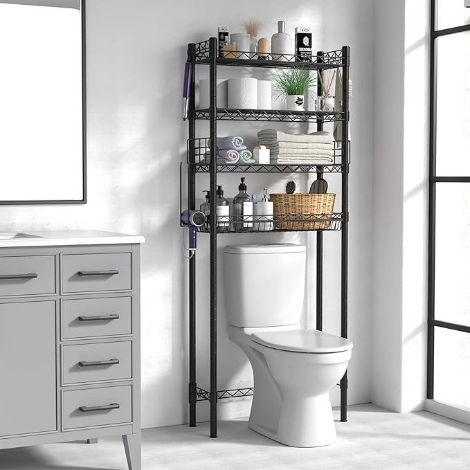 Over Toilet Bathroom Organizer, Adjustable 4-Tier Over The Toilet Storage Shelf Sturdy Bathroom Shelves, Freestanding Above Toilet Storage Rack Stable Bathroom Space Saver, Black