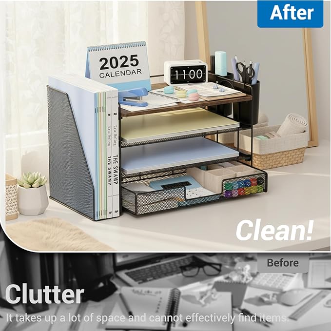 OPNICE Desk Organizers and Accessories, 4-Tier Desktop File Organizer with Drawer and 2 Pen Holders, Office Desk Accessories Workspace Organizers for Office Supplies(Wood)