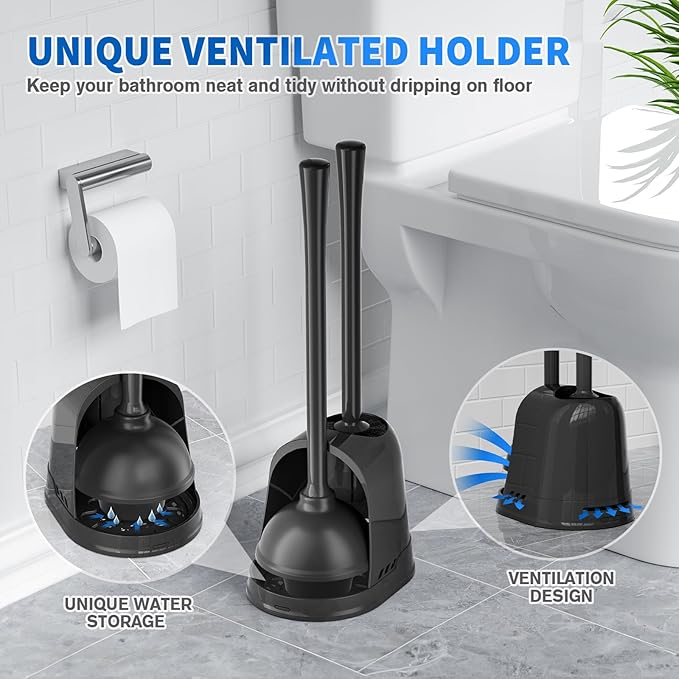 Toilet Plunger and Brush, Bowl Brush and Heavy Duty Toilet Plunger Set with Ventilated Holder, 2-in-1 Toilet Brush and Plunger Combo for 5.3-inch Toilet Drain Bathroom Cleaning (Black)