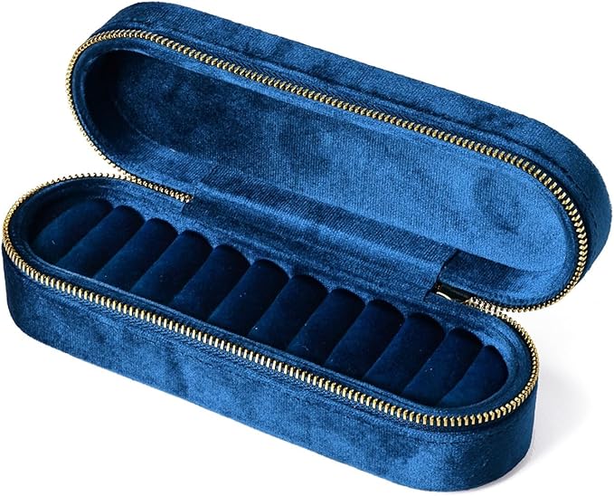 Velvet Ring Earrings Storage Box with 11 Slots, Ear Stud Holder, Zipper Closure Jewelry Organizer (Royal Blue)