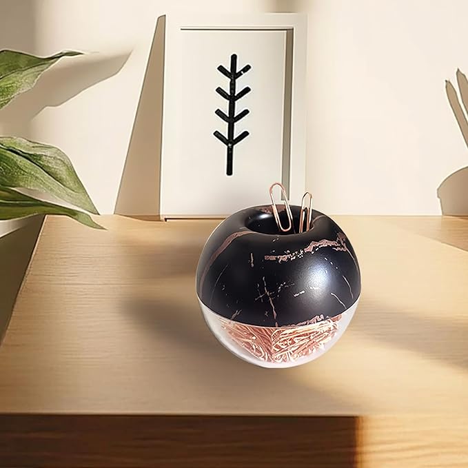 Magnetic Paper Clip Holder, Black Marble Holder with Rose Gold PaperClips 100pcs 28mm(1.1") Cute Office Supplies for Desk Organizer