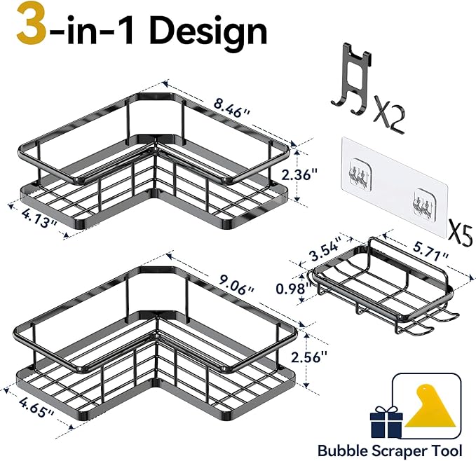 YASONIC Shower Caddy Corner, 3-Pack Adhesive Rustproof Stainless Steel Shower Shelves with Soap Holder, No Drilling Shower Organizer Corner for Dorm, Renters Bathroom, Black