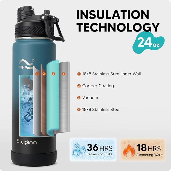 [2-IN-1 LID] Insulated Water Bottle with Silicone Boot (36hrs Cold/18hrs Hot) - DIY Stickers, Leakproof, BPA Free, 24 oz