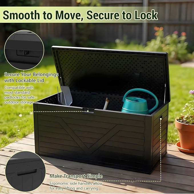 260 Gallon Outdoor Storage Box, Waterproof Resin Double-Wall Deck Box Organizer with Removable Dividers for Patio Cushion Storage, Lockable Outside Container for Garden Tools