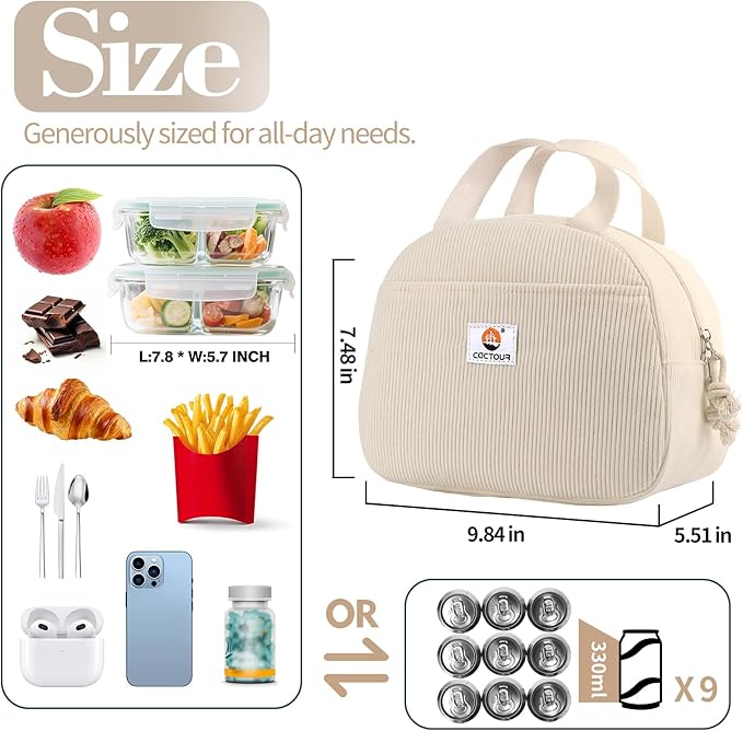 Lunch Bag Lunch Box for Women Girls Teens, Cute Lunch Box Cooler Bag,Portable Small Reusable Corduroy Insulated LunchBox for Work/Travel/Picnic/School (Beige)