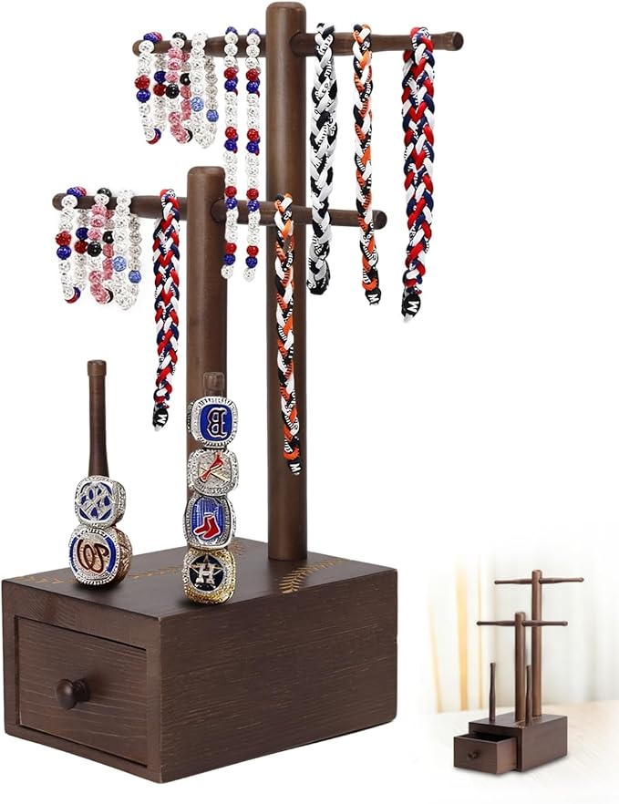 Baseball Necklace Holder and Ring Display with Storage, Wooden Softball Ring Holder Organizer for Championship Jewelry, baseball player gifts