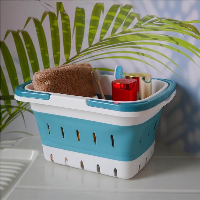 Portable Folding Plastic Bath Caddy with Handle, Perforated, Travel Bathroom Organizer for Bedroom, Bathroom, Shower, Dorm Room, Camping and RV Use (Blue, 1 pack)