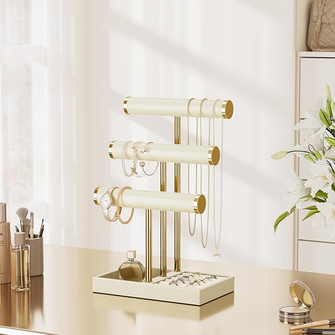 3 Tier Bracelet Holder Display - Beige Leather Bracelet Holder, Detachable T Bar Jewelry Holder Organizer for Bracelet, Necklace, Earrings, Rings, Watches, Bangle