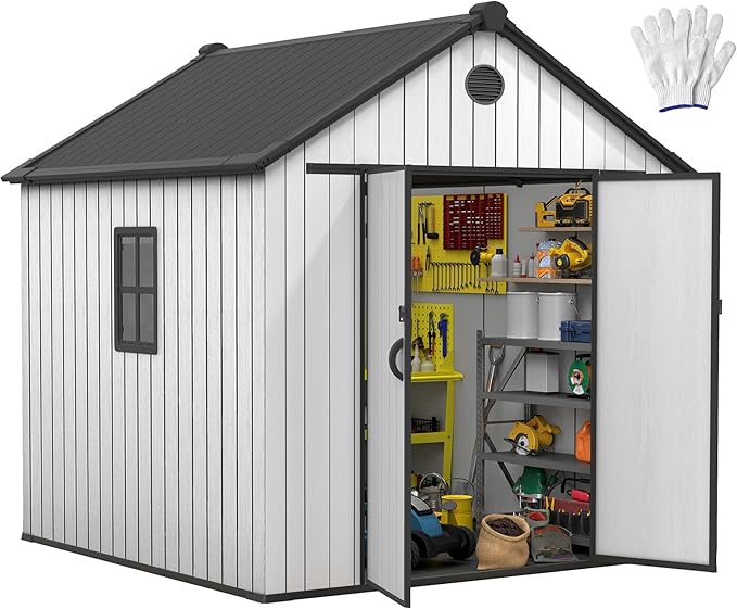 DWVO 8x8 FT Outdoor Storage Shed, Plastic Storage Shed with VisionWindow, Lockable Door & Floor, 16mm Heavy Duty All-Weather Tool Garden Shed with Vent for Patio Bike Lawn Mower Pool Supplies, Gray