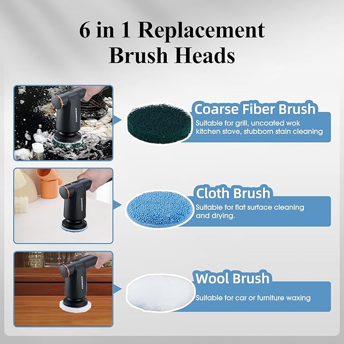 Electric Spin Scrubber, Bathroom Shower Scrubber with LCD Display, 2 Speeds Electric Scrubber for Cleaning with 6 Replaceable Heads, 4-Hour Runtime‌, Cleaning Brush for Kitchen/Car, Gray-Black