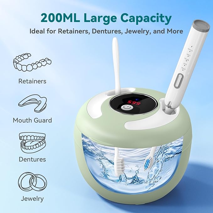 Dental Ultrasonic Retainer Cleaner Machine: 45kHz Dental Cleaning Pod for Denture, Mouth Guard, Night Guard, Aligner, Braces, Toothbrush Head & Jewelry, UV Cleaner with Digital Timer & 4 Modes, Green