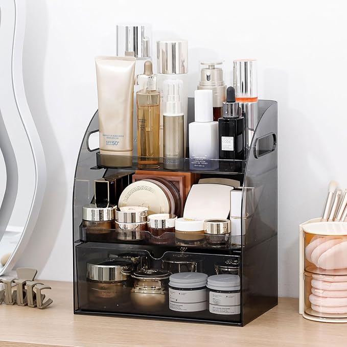 FABROK 3-Layer Desk Organizer with Drawer, Clear Office Supplies and Desk Accessories Organizer with Handle, Desktop Organizer and Storage for Stationery（Gray）